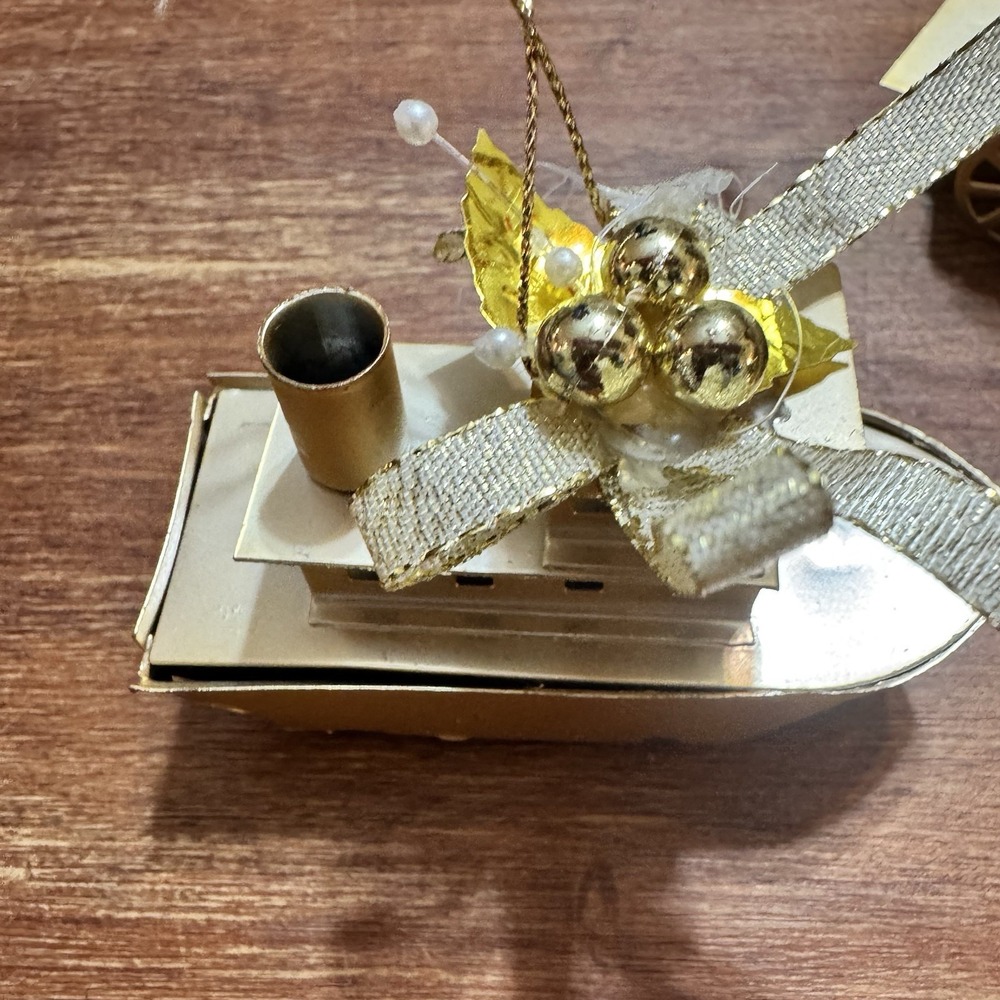 Vintage Gold Toned Metal Christmas Ornaments Featuring A Fire Truck And Boat - Picture 11 of 16